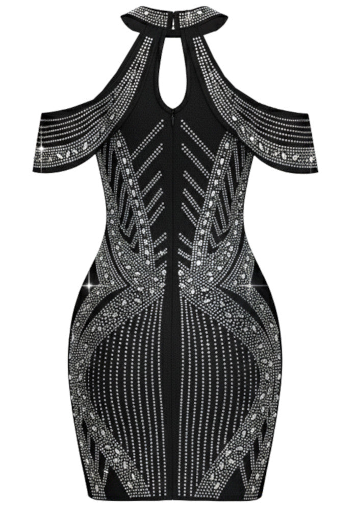 Halter Crystal Embellished Dress Black