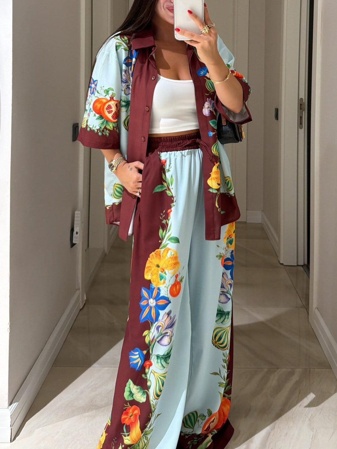 Brown And Blue Color-blocked Floral Print Shirt And Wide-leg Pants Suit