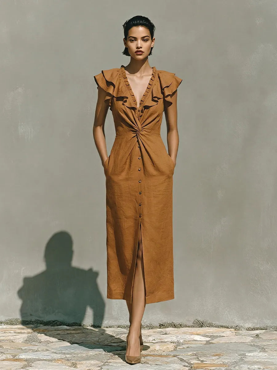 Women's Caramel Cotton-Blend Midi Dress With Ruffle V-Neck & Twist Waist, Timeless Romantic-Chic Style Dress MDZ2275D9LYL