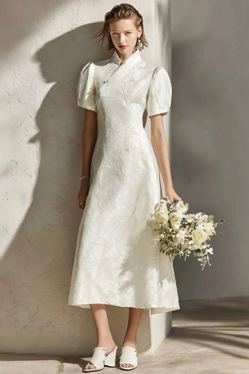Women's Short Sleeve Mandarin Collar Midi Dress with Floral Embroidery