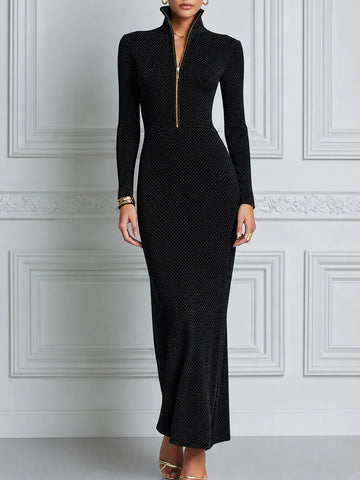 Black Dress Fall Wedding Guest Dress Zip Front Mermaid Maxi Dress
