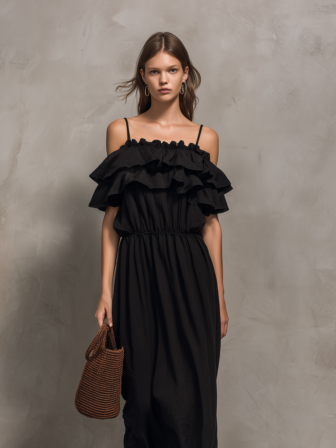 Women's Casual Black Cotton-Linen Maxi Dress — Strappy, Ruffled, Strapless-Style, Sleeveless MDZ2332D4LXY