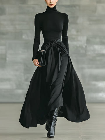 Women's Black High-Neck High-Stretch Knitted And Satin Flared Maxi Dress MDA2851J4T