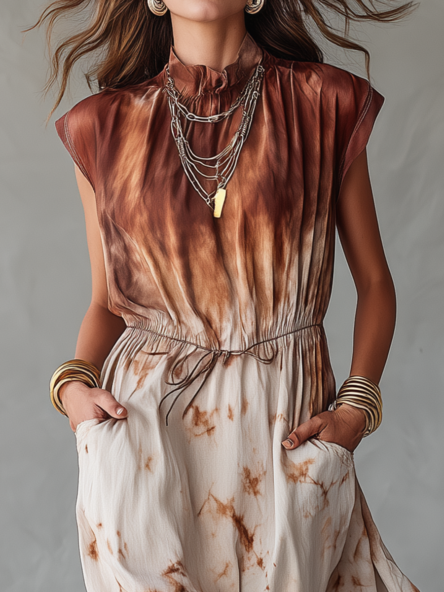 Minimal Mocha Tie-Dye Drawstring Maxi Dress