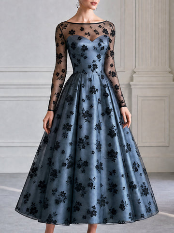 Dusty Blue Flocked Floral Tulle A-Line Midi Evening Dress