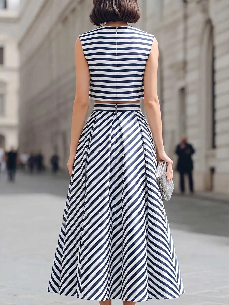 Women's Striped Print Crew Neck Sleeveless Loose-fit Cotton-linen Top & High-waisted A-line Skirt Two-piece Set
