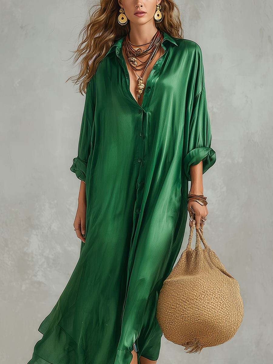 Stylish Green Flowy Shirt Dress