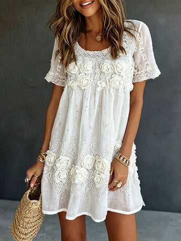 Women's Rose Art Embroidered Linen Blend Round Neck Mini Dress