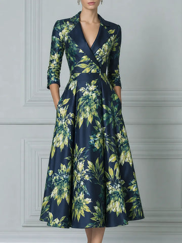 Navy Green Watercolor Floral Print Satin Lapel Fit And Flare Midi Dress