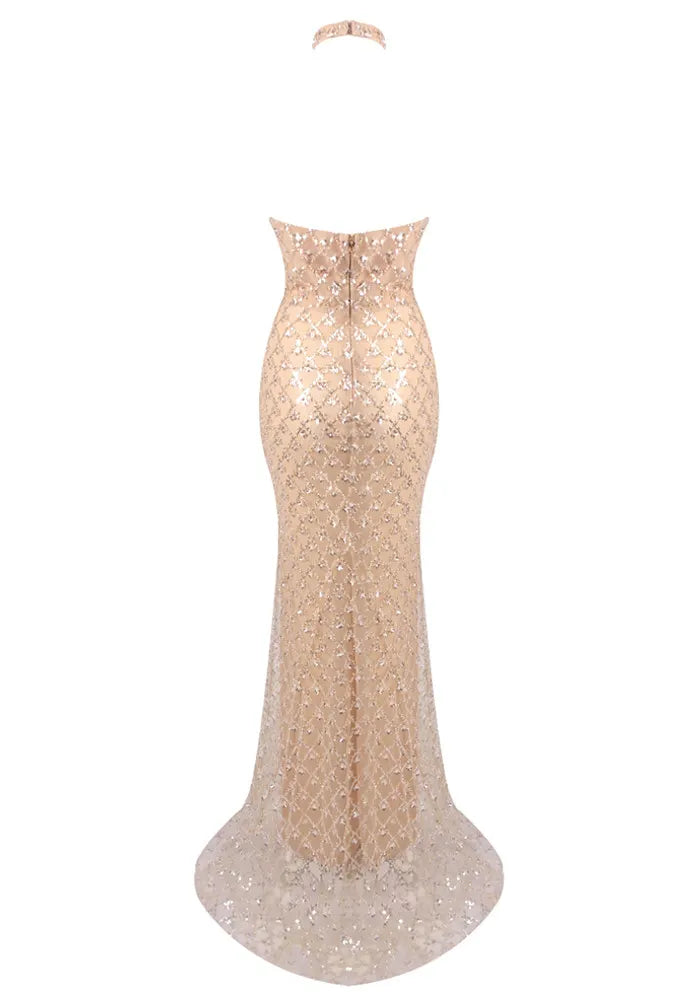 Halter Sequin Maxi Dress Nude