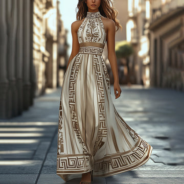 Sophisticated Geometric Dress for Mature Women - Flowing Silhouette, Elegant Maxi (Fall-Ready)