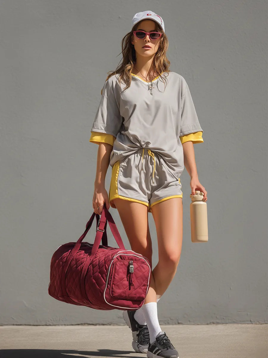 Women's Gray & Yellow Sportswear Two-Piece Set With Color Block Trim & Drawstring Waist, Timeless Athleisure-Chic Outfit MDZ2297D4LYL