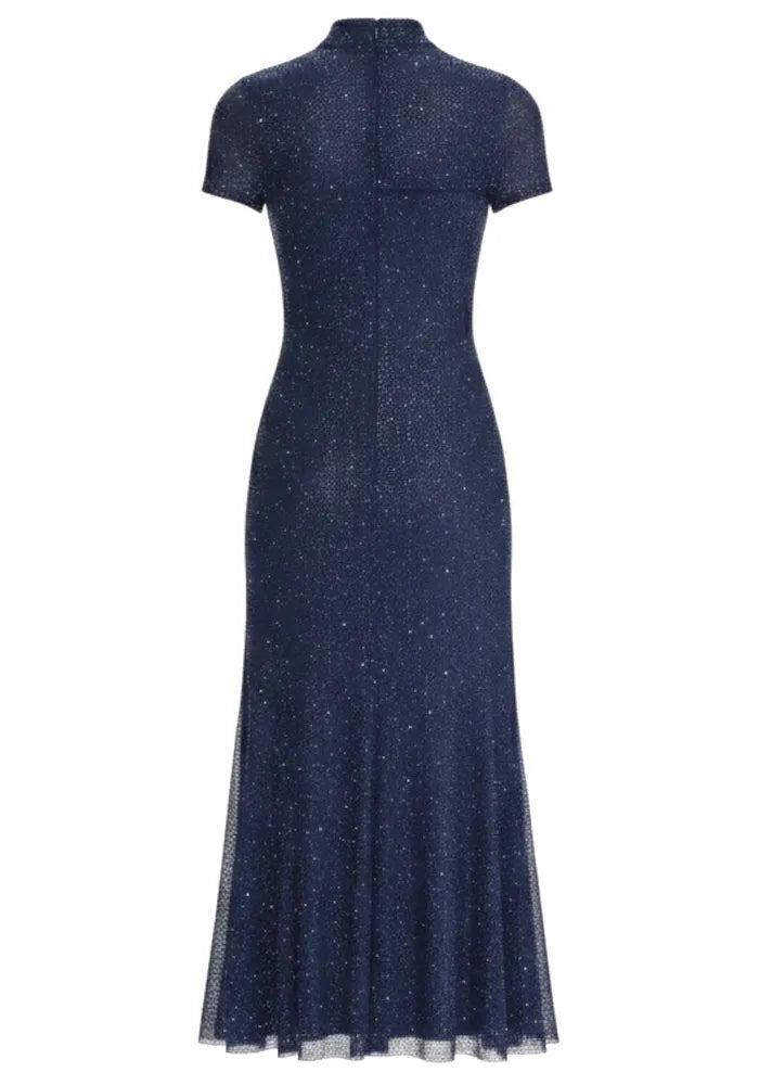 Short Sleeve Sparkly A Line Midi Dress Blue