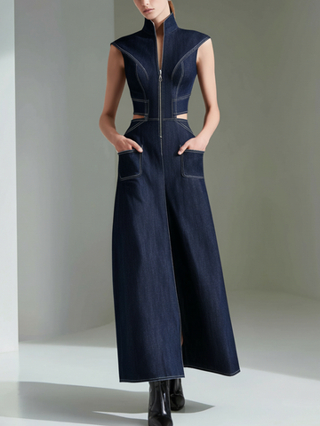 Architectural High-Neck Denim Maxi Dress