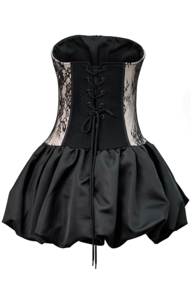 Strapless Floral Lace Corset Puff Dress Black