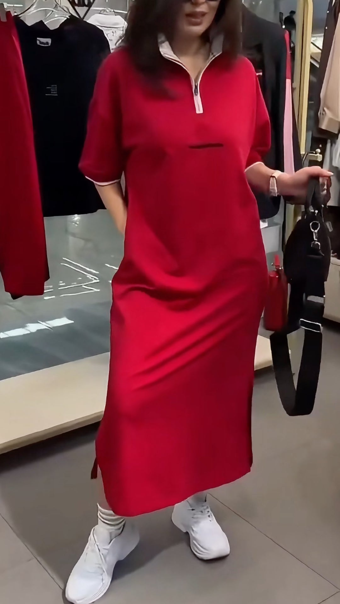 Women's Collared Half-Open Color Block Casual Dress