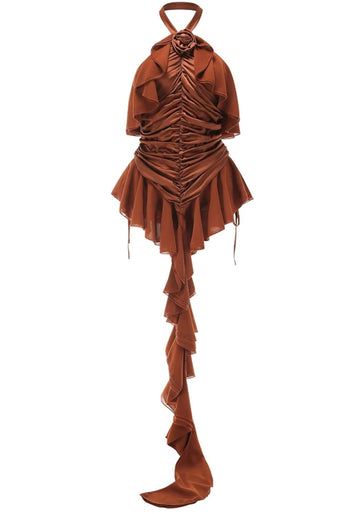 Halter Floral Ruffle Ruched Dress Brown