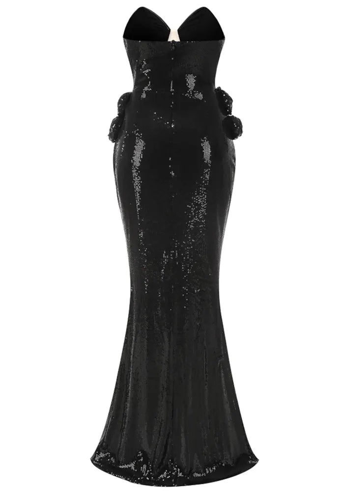 Strapless Floral Sequin Maxi Dress Black