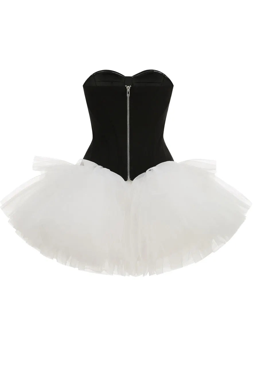 Strapless A Line Mesh Dress Black White