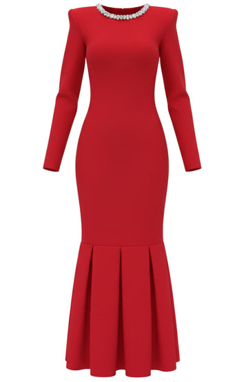 Long Sleeve Crystal Neck Fluted Midi Dress Red