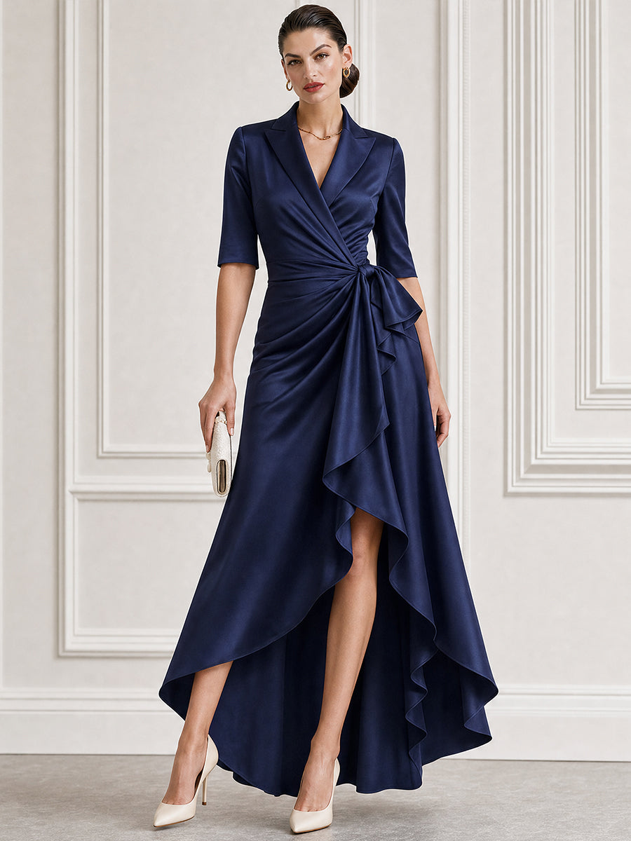 Satin Lapel-Collar Wrap High-Low Maxi Gown
