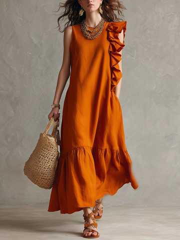 A Relaxed Yet Stylish Orange Sleeveless Dress With Ruffles