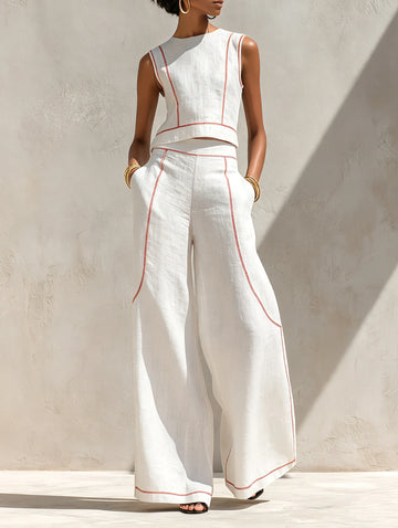 Women's Minimalist Linen-Blend Contrast-Stitched Blouse & Wide-Leg Pants Set MDZ1599E9Y