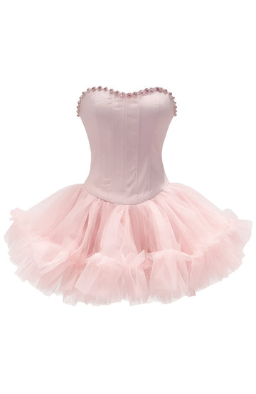 Strapless Crystal Mesh A Line Dress Pink