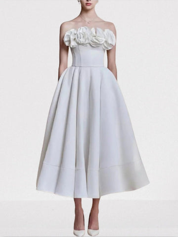 Floral-Appliqued White Sleeveless Fit & Flare Dress
