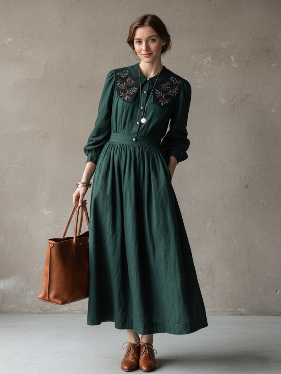 Women’s Retro Dark Green Cotton Linen Embroidered Collar Fitted Waist Long Dress MDZ1737D0GMJ