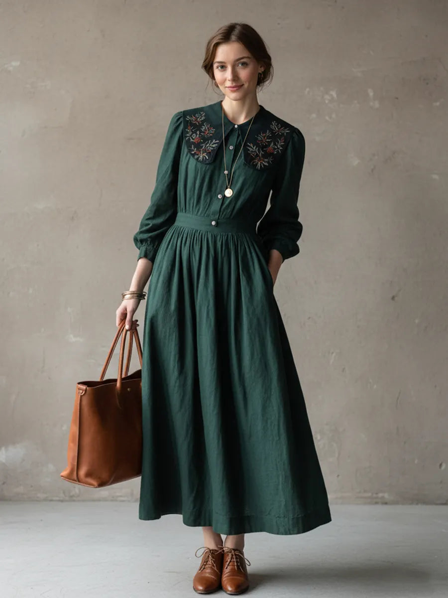 Women’s Retro Dark Green Cotton Linen Embroidered Collar Fitted Waist Long Dress MDZ1737D0GMJ