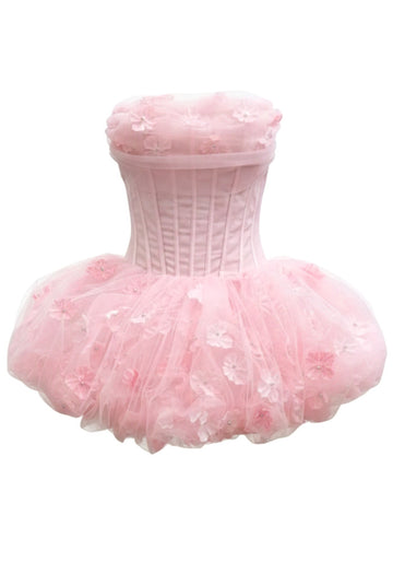 Strapless Floral Corset Bubble Dress Pink
