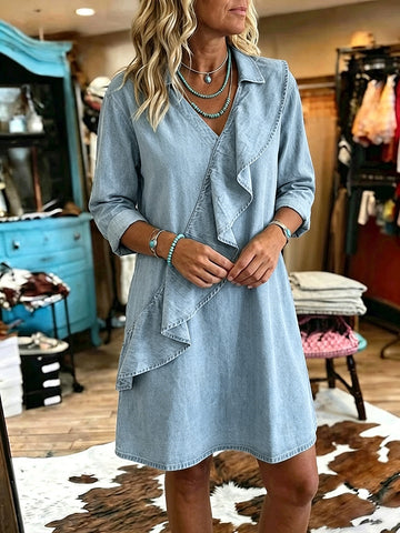 Women's Vintage V-neck Ruffles Patchwork Denim Dress