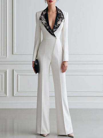 Embellished Contrast Lapel Tailored Wide-Leg Jumpsuit