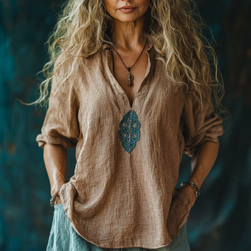 Women's Plain V-neck Linen Loose Shirt
