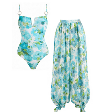 Adjustable Strap Abstract Blue Floral Swimsuit Set(s)