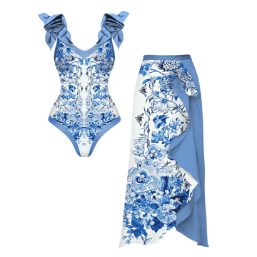 3D Flower Maiolica Print One Piece Swimsuit and Skirt Flaxmaker