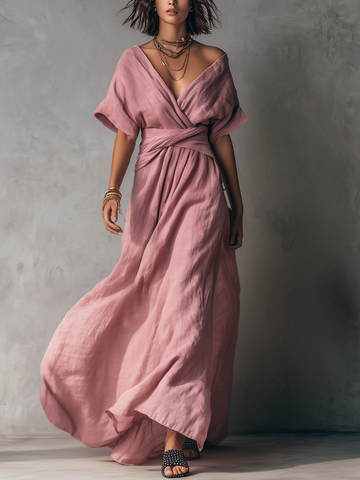 Elegant Wrap V-Neck Belted Maxi Dress