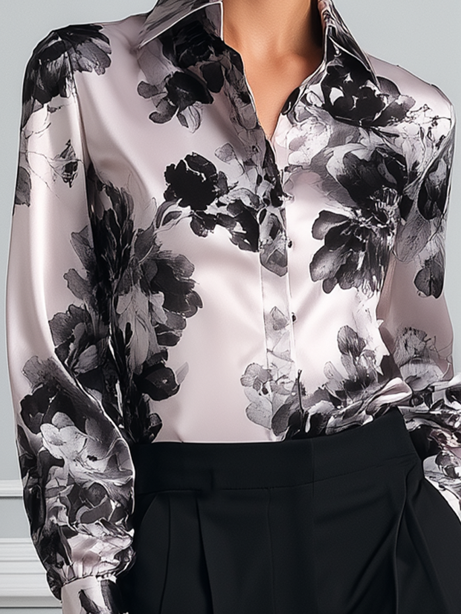 Ivory Black Floral Satin Button Front Blouse