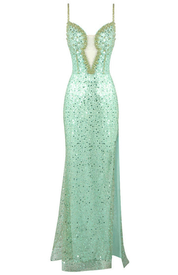 Sequin Crystal Bustier Maxi Dress Green