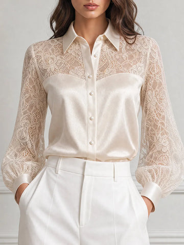 Elegant Floral Lace Satin Patchwork Collared Blouse