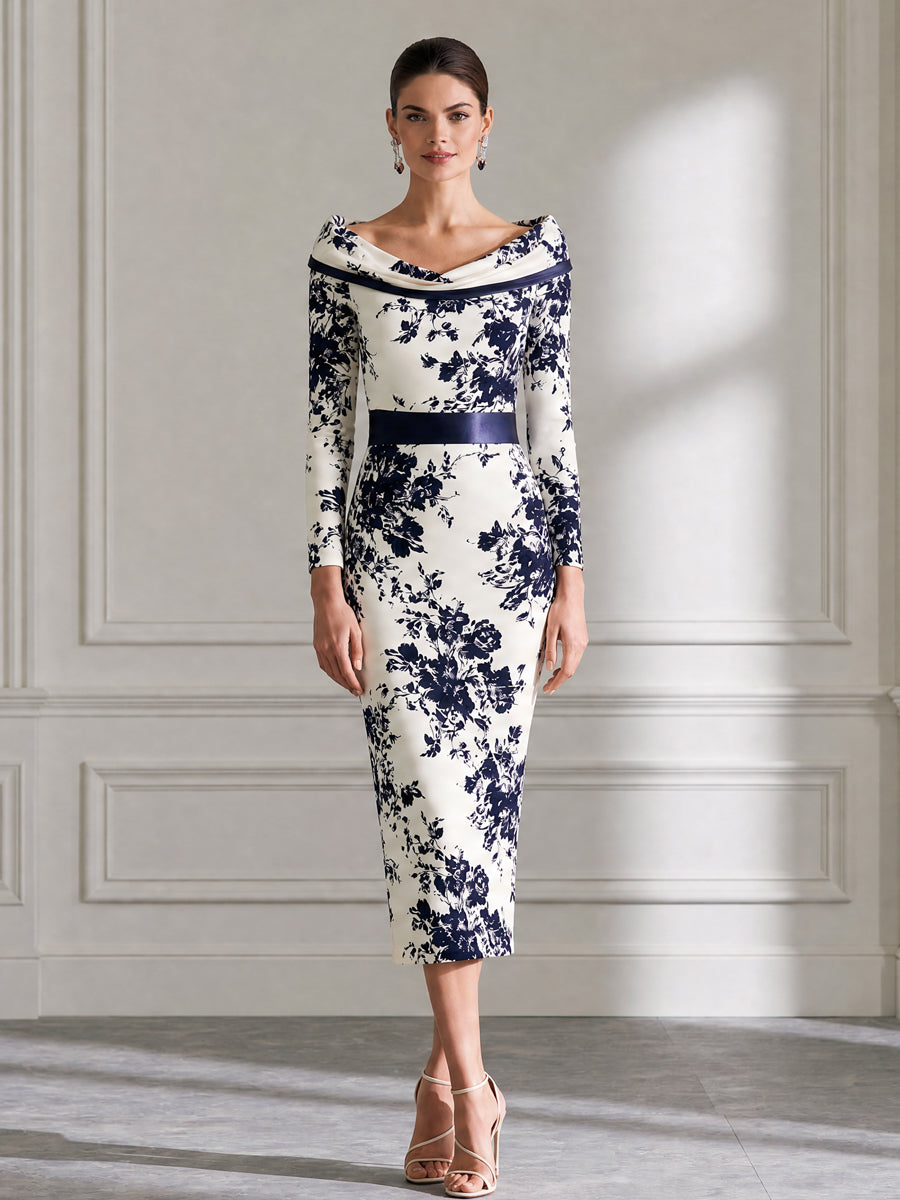 Elegant Navy Floral Printed Satin Sheath Midi Dress