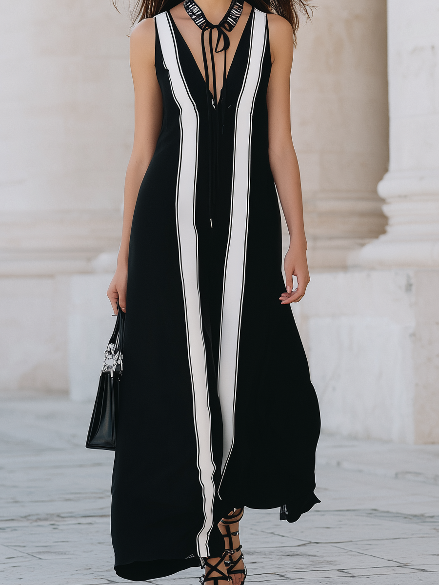 Black Sleeveless Long Dress With Black And White Striped Panels.
