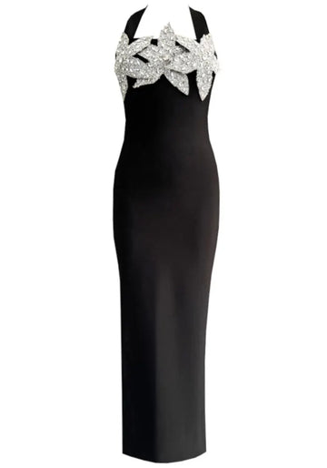Halter Embellished Floral Maxi Dress Black