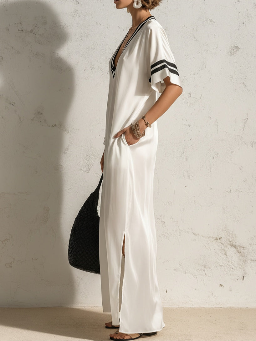 Minimalist Satin V-Neck Short-Sleeve Loose Maxi Dress