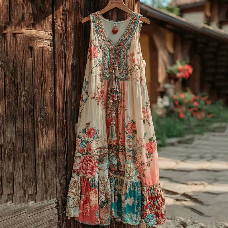 Women's Boho Floral Patchwork Art V Neck Comfy Midi Dress