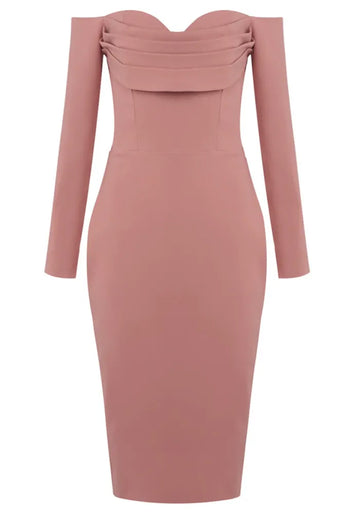 Long Sleeve Draped Bardot Midi Dress Pink