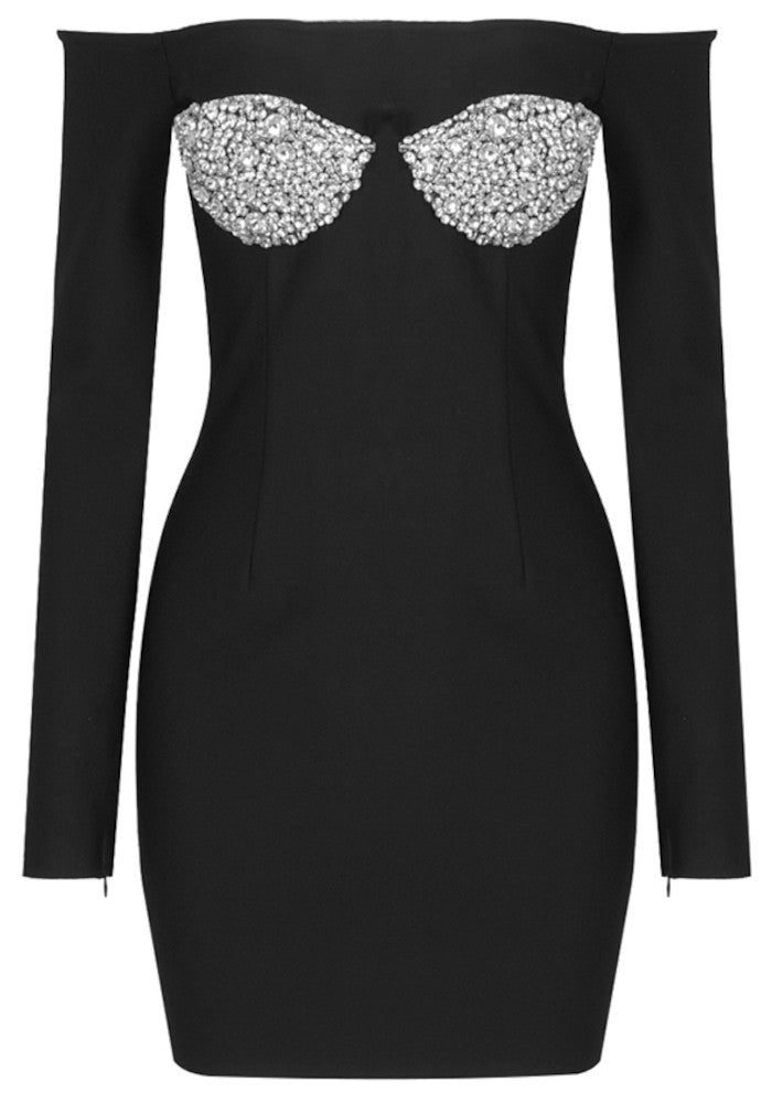 Long Sleeve Crystal Bustier Dress Black