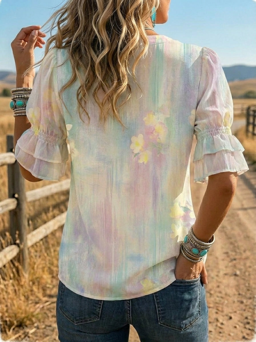 Women's Retro Leopard Floral Puff Sleeve Casual Shirt