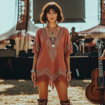 Music Festival Rock Rave Party Vintage Wasteland Ethnic Lace Tassel Floral Linen Dress